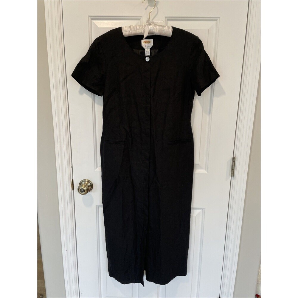 Talbots Irish Linen Midi Dress Hidden Button Down Lined Size 10 Petite EUC Black